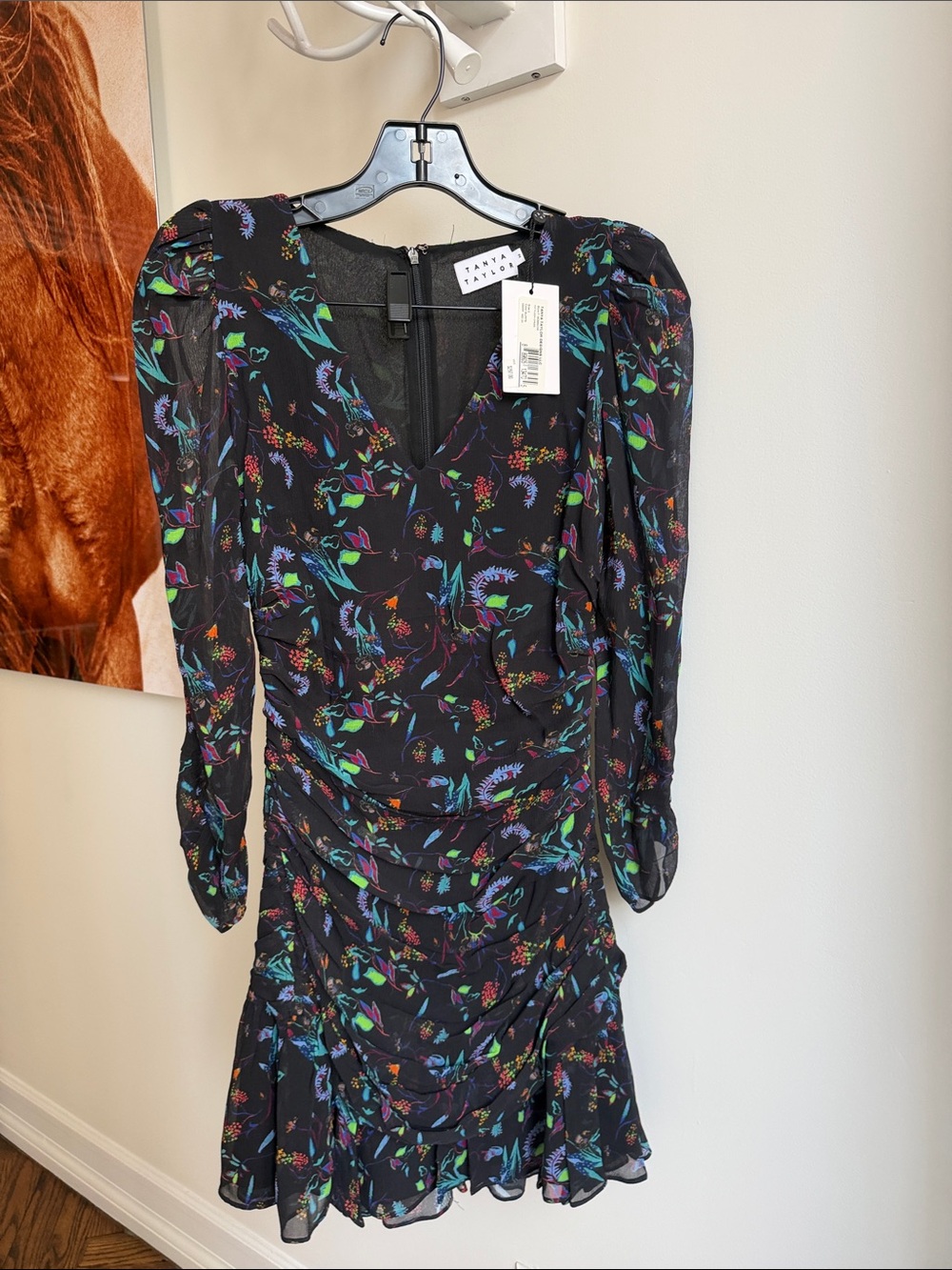 Tanya Taylor Black Floral Long-Sleeve Ruched Mini Dress